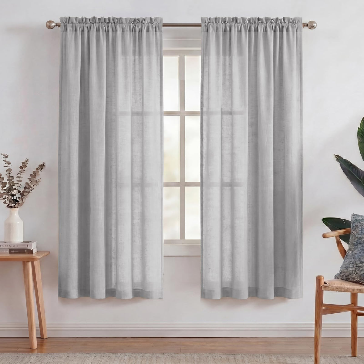 Turquoize White Linen Curtains 96 Inches Long Semi Sheer Curtains Light Filtering Linen Drapes for Living Room/Bedroom 2 Panels Set Rod Pocket Window Treatments Panels,W52 x L96, White