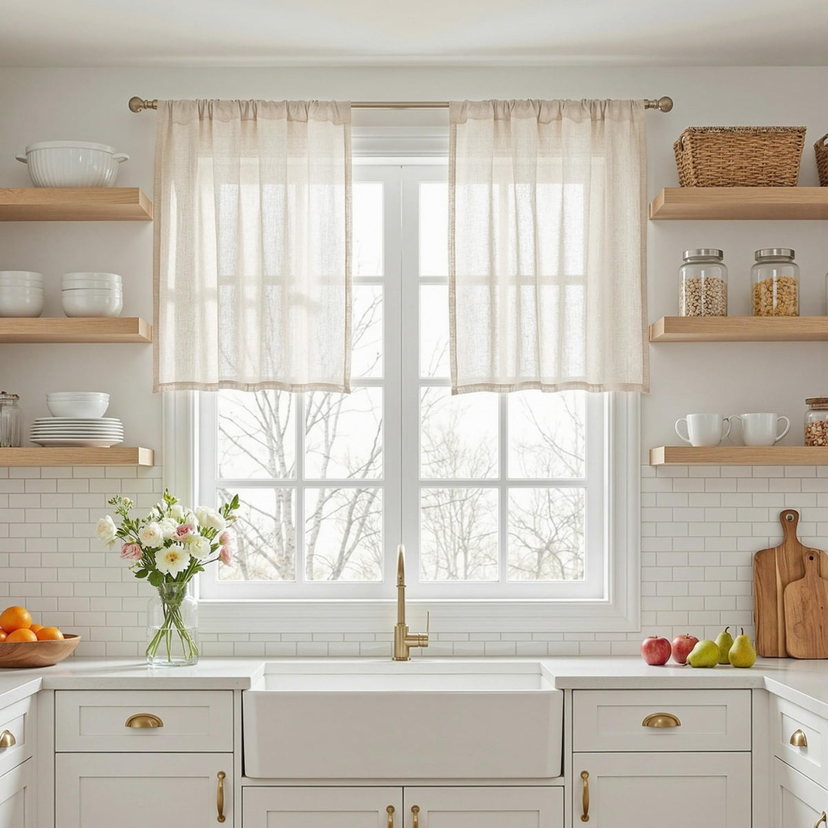 MYSKY HOME Linen Curtains for Living Room, Natural Semi Sheer Curtains & Drapes 84 inches Length 2 Panels Set Farmhouse Country Boho Style Back Tab Draperies for Sliding Glass Door, 50" Wide, Linen