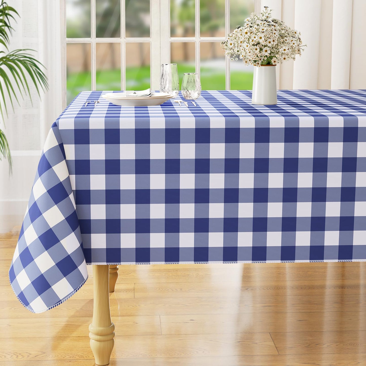 Rectangle Waterproof Vinyl Table Cloth, Buffalo Flannel Backed Tablecloth, Wipeable Plastic Table Cover for Dinner, Kitchen, Outdoor (60" x 84", Black and White)