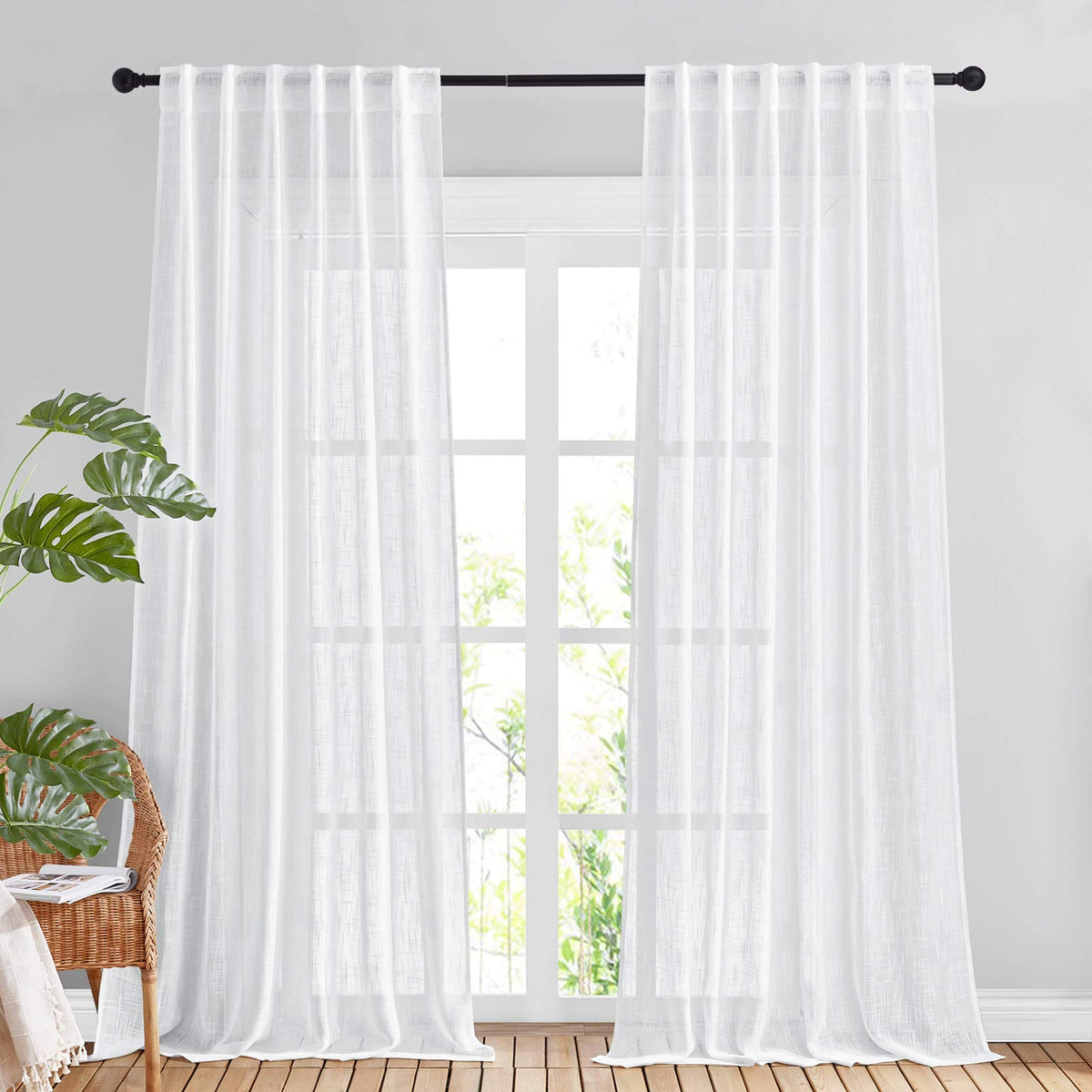 NICETOWN White Linen Sheer Curtains and Drapes 84 inches Long, Rod Pocket & Back Tab semitransparent with Light Through Vertical Window Treatments for Sliding Glass Door & Living Room, 52"W, Set of 2