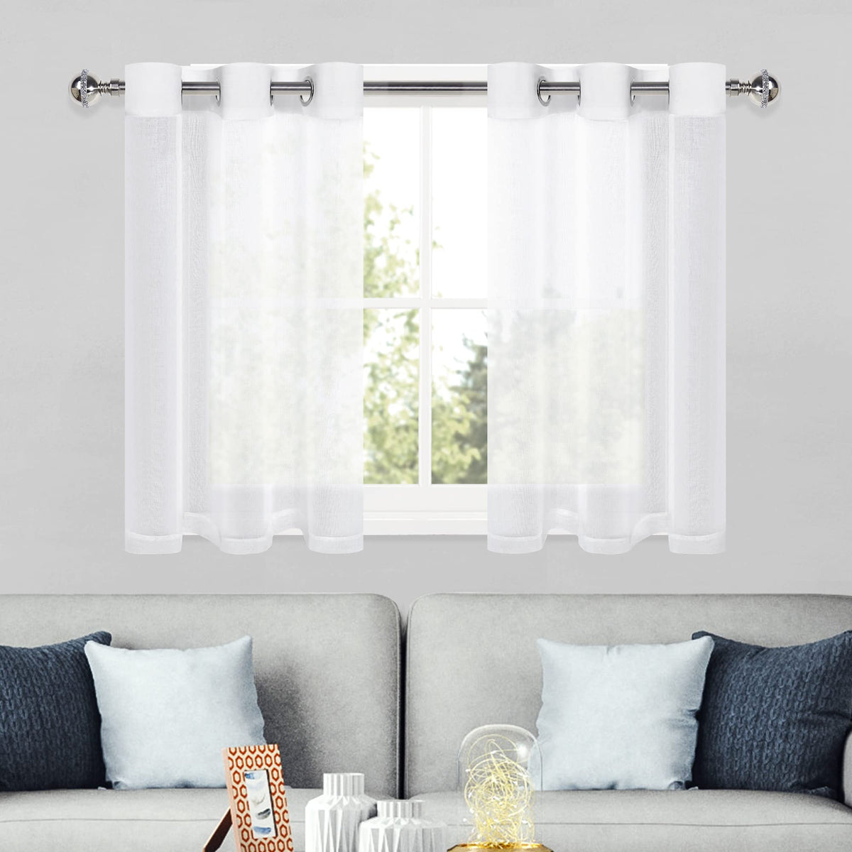 DWCN White Sheer Curtains Linen Look Semi Transparent Voile Grommet White Curtains for Living Dining Room Drapes 52 x 84 Inch Long, Set of 2 Panels