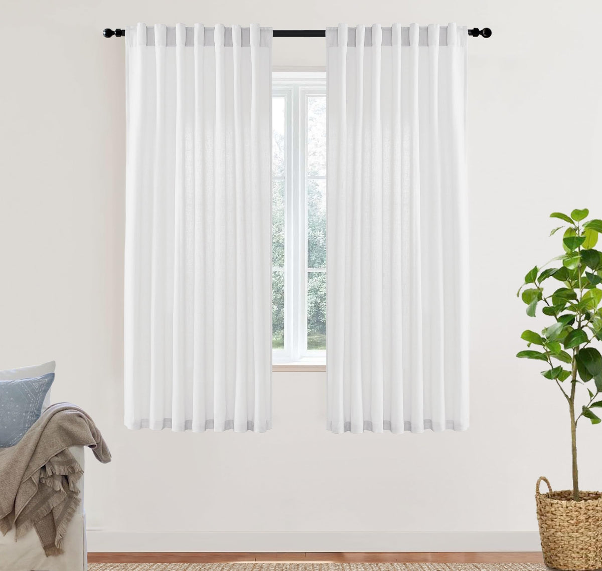 Linen Cotton Curtains for Living Room, Cream Off White Natural Fabric Light Filtering Semi Sheer Curtains 84 Inches Long, Ivory Pleated Farmhouse Curtain Drapes 84 Inch Length 2 Panels Set Dining Room