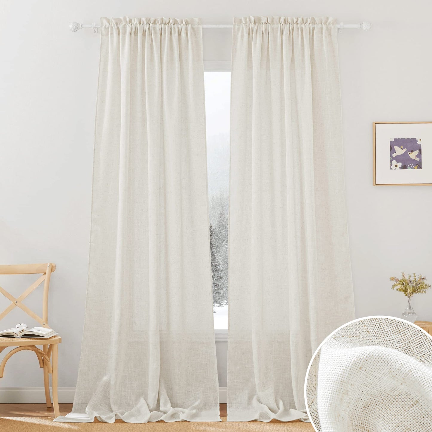 RYB HOME White Semi Sheer Curtains 84 inches Long for Living Room | Half Privacy, Linen Textured, Sheer Light Filtering, Vertical Window Drapes, for Bedroom Dining, White, W52 x L84, 2 Panels