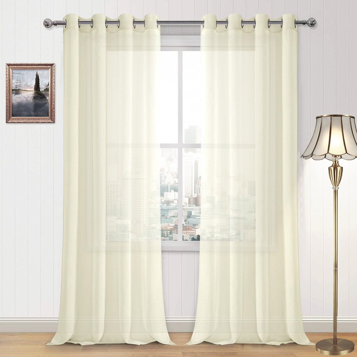 DWCN White Sheer Curtains Linen Look Semi Transparent Voile Grommet White Curtains for Living Dining Room Drapes 52 x 84 Inch Long, Set of 2 Panels