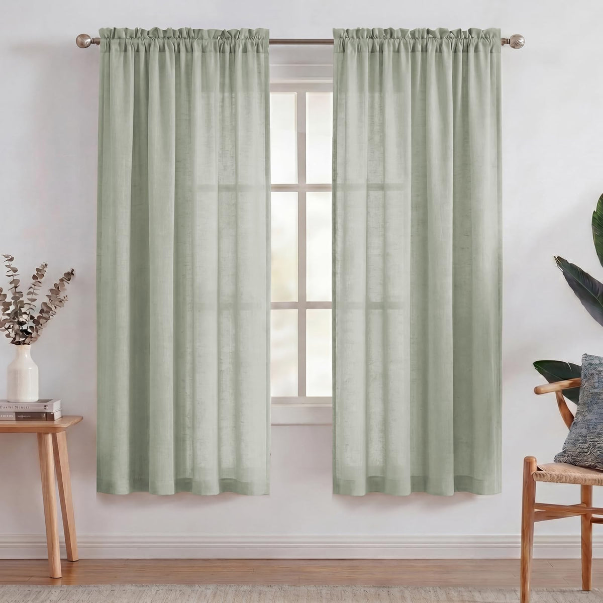Turquoize White Linen Curtains 96 Inches Long Semi Sheer Curtains Light Filtering Linen Drapes for Living Room/Bedroom 2 Panels Set Rod Pocket Window Treatments Panels,W52 x L96, White