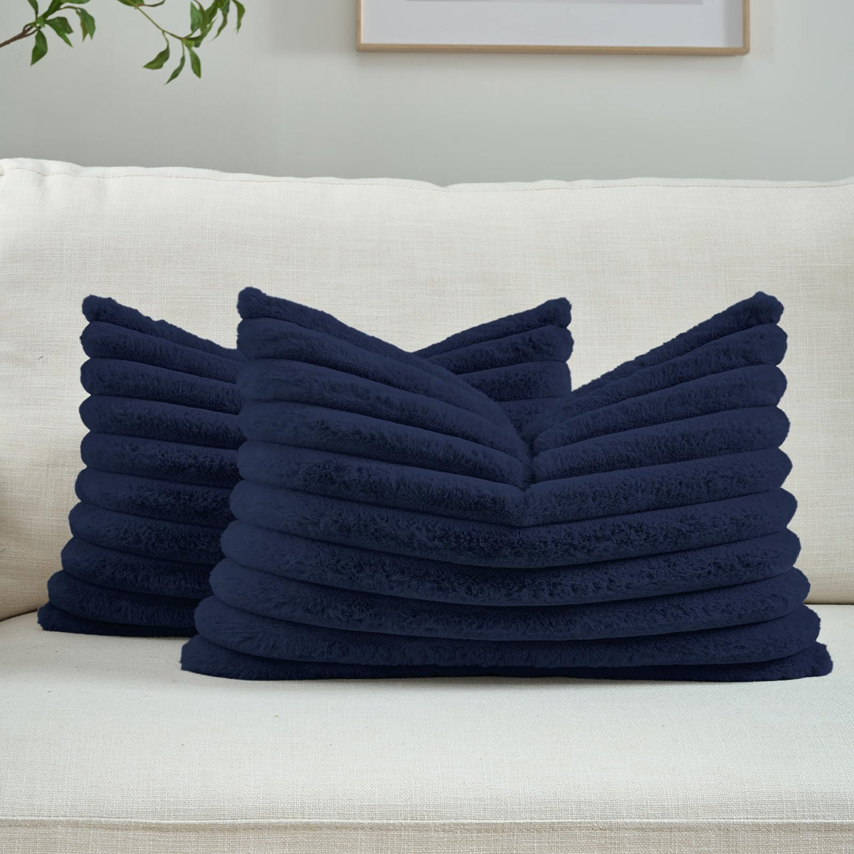FUTEI Pack of 2 Faux Fur Throw Pillow Covers 18x18 Inch, Cream White | Fluffy Faux Rabbit Fur Front/Premium Velvet Back,Hidden Zipper,Machine Washable,Non-Shedding,Colorfast,Insert Not Included.