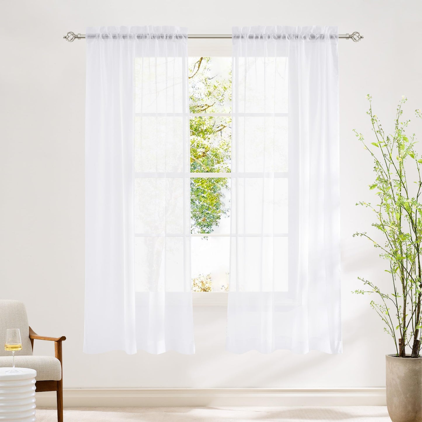 NICETOWN White Sheer 96 inches Long Curtains for Living Room, Rod Pocket Lightweight Drapes Voile Sheer Air & Breathable Window Treatments for Bedroom, W42 x L96, 2 Panels