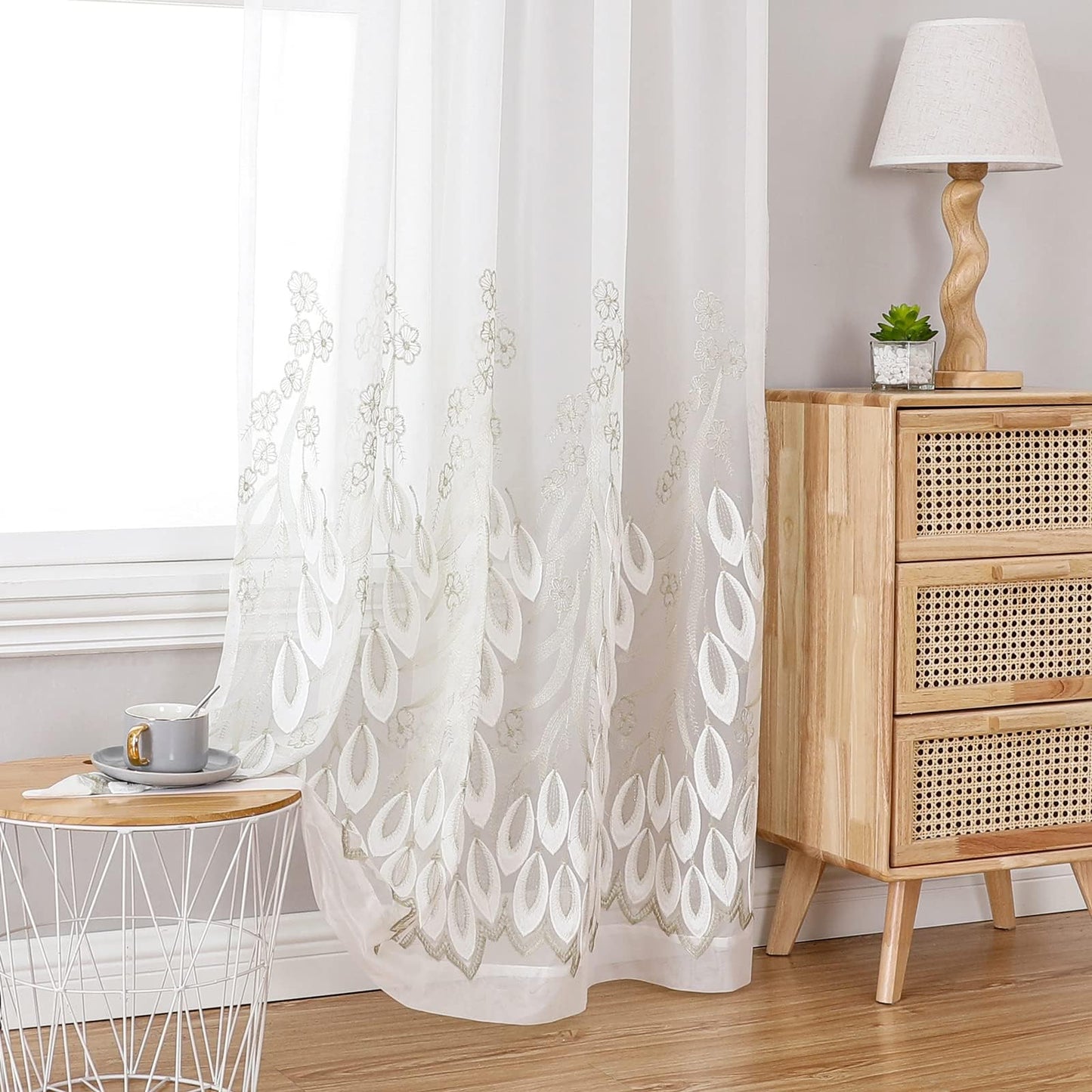 Sheer Curtains Boho Leaf Floral Embroidered Cream Beige 54Wx84L | Light Filtering Semi Sheer Voile Curtains With Design, Rod Pocket Window Drapes for Bedroom Living Room 2 Panels