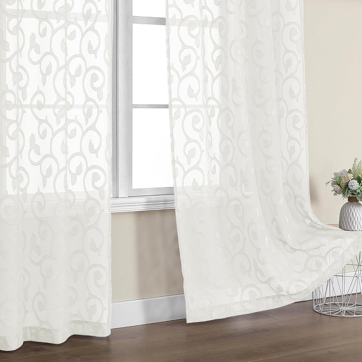 Furman Ivory Sheer Curtains 84 inches Long for Bedroom Living Room 2 Panels Set, Jacquard Clip Light Filtering Semi Sheer Curtain Rod Pocket Window Drapes, 2 Pcs Each 40 W 84 L