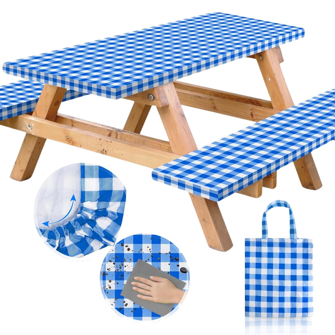 Vinyl Fitted Picnic Table Cover with Bench Covers & Blue 6ft Blue Checkered | Vinyl Fitted Picnic Table Cover with Bench Covers and Bag, Outdoor Waterproof Windproof Picnic Tablecloth with Elastic Edges.