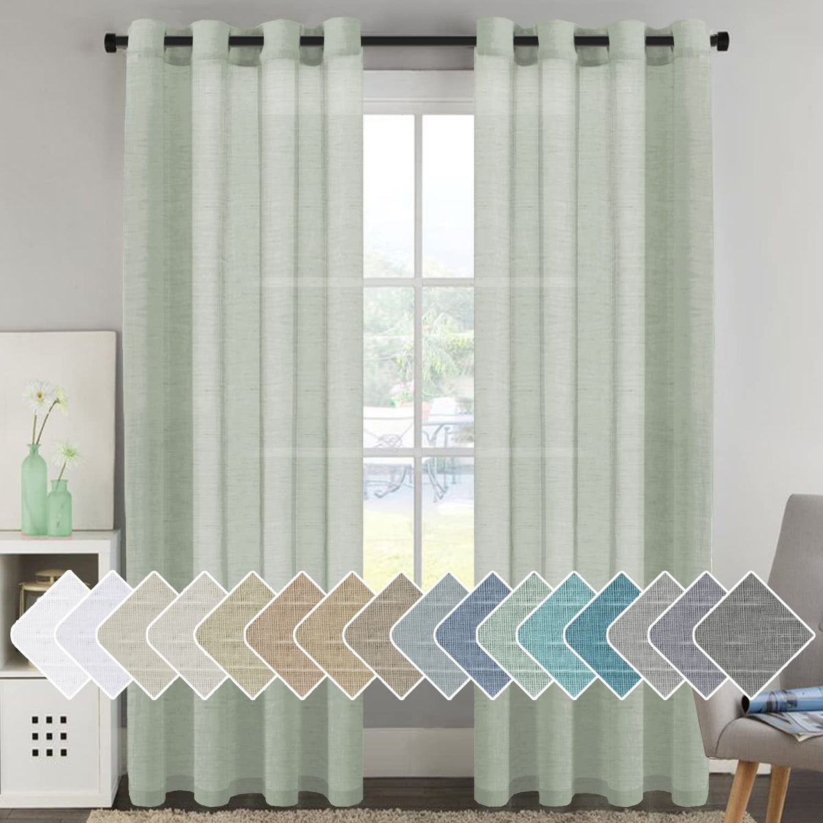 H.VERSAILTEX Natural Linen Sheer Curtains Flax Linen Blended Curtain Panels Living Room, Nickel Grommet Semitransparent Semi-Sheer Soft Privacy Drapes, Natural, 84 inches Long 2 Panels