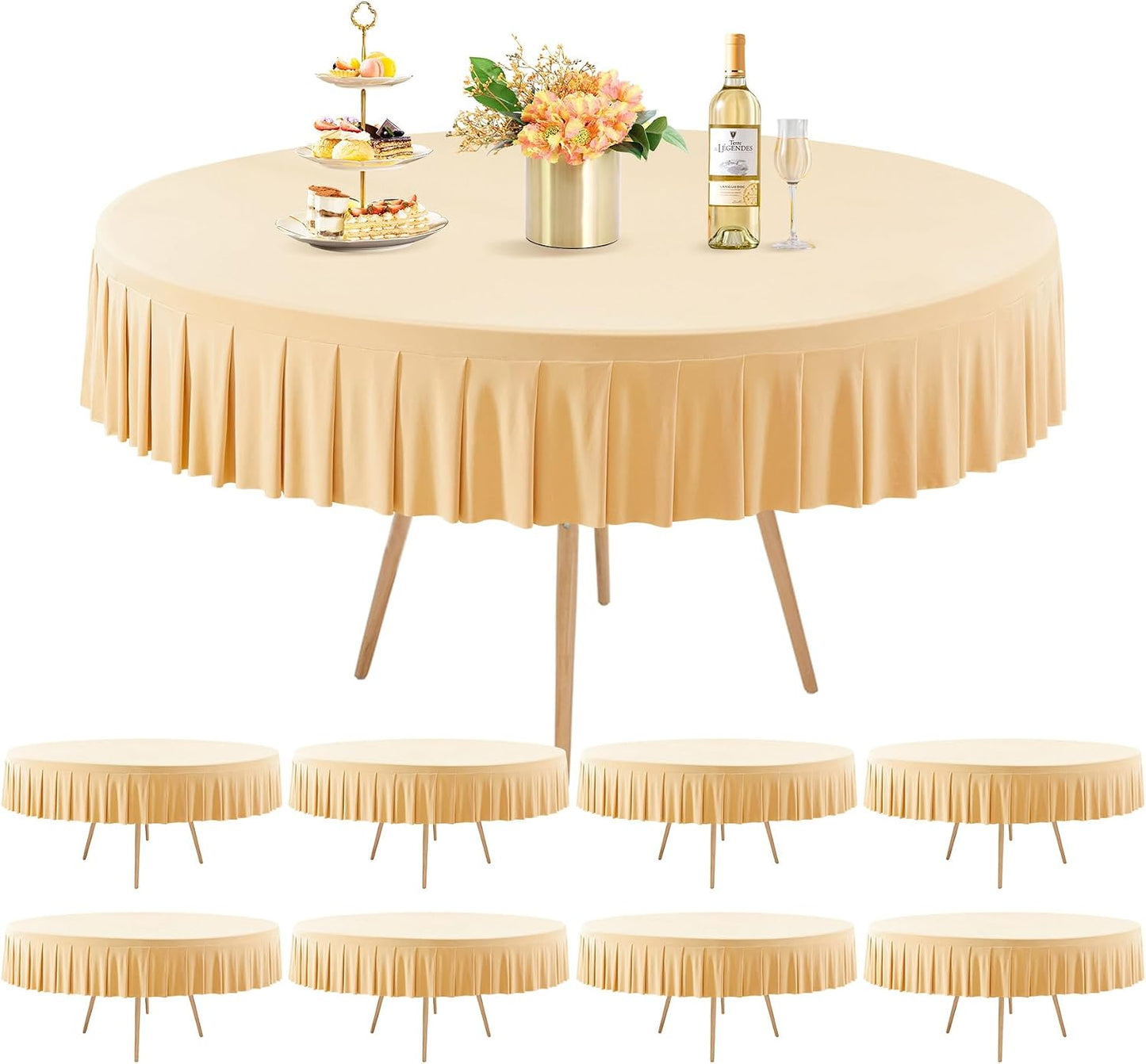 8 Pack Champagne Spandex Round Tablecloths for 72in Table, Stretchy Fitted 6FT Round Table Cloths, Wrinkle Free Table Cover with Skirt for Wedding Birthday Party Bridal Shower Banquet