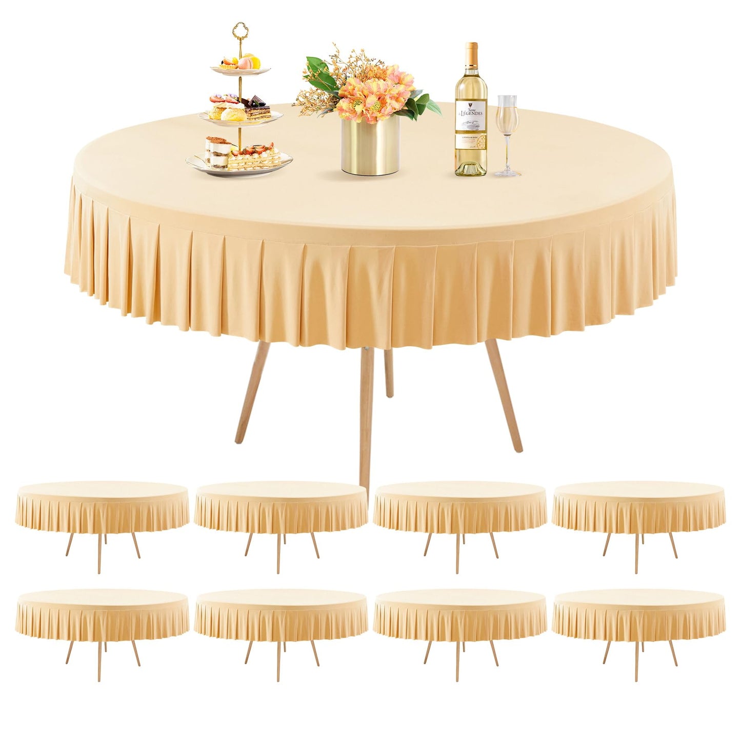 8 Pack Champagne Spandex Round Tablecloths for 72in Table, Stretchy Fitted 6FT Round Table Cloths, Wrinkle Free Table Cover with Skirt for Wedding Birthday Party Bridal Shower Banquet