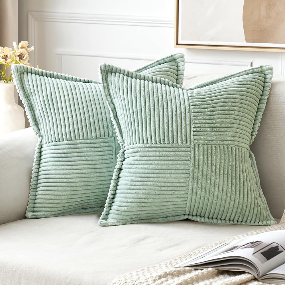 MIULEE Decorative Throw Pillow Covers for Couch 18x18 Inch Beige 2 Pack | Boho Broadside Striped Patchwork Pillow Covers, Soft Corduroy Cushion Cases, For Sofa Bed Livingroom Home Decor