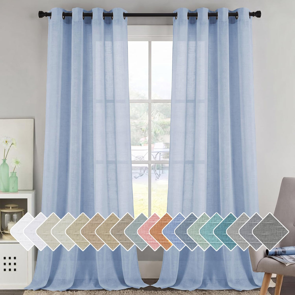 H.VERSAILTEX Natural Linen Sheer Curtains Flax Linen Blended Curtain Panels Living Room, Nickel Grommet Semitransparent Semi-Sheer Soft Privacy Drapes, Natural, 84 inches Long 2 Panels