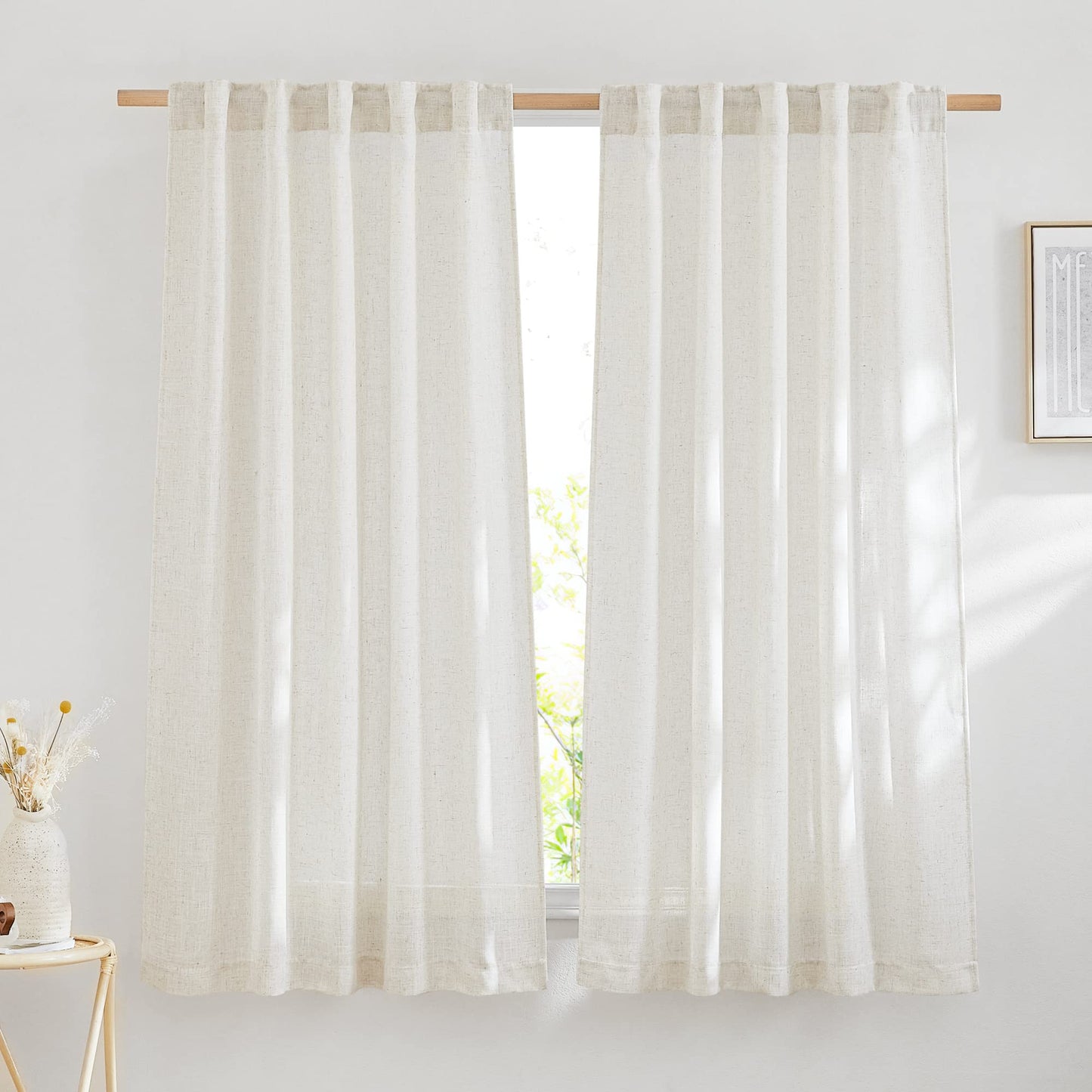 NICETOWN White Linen Sheer Curtains and Drapes 84 inches Long, Rod Pocket & Back Tab semitransparent with Light Through Vertical Window Treatments for Sliding Glass Door & Living Room, 52"W, Set of 2
