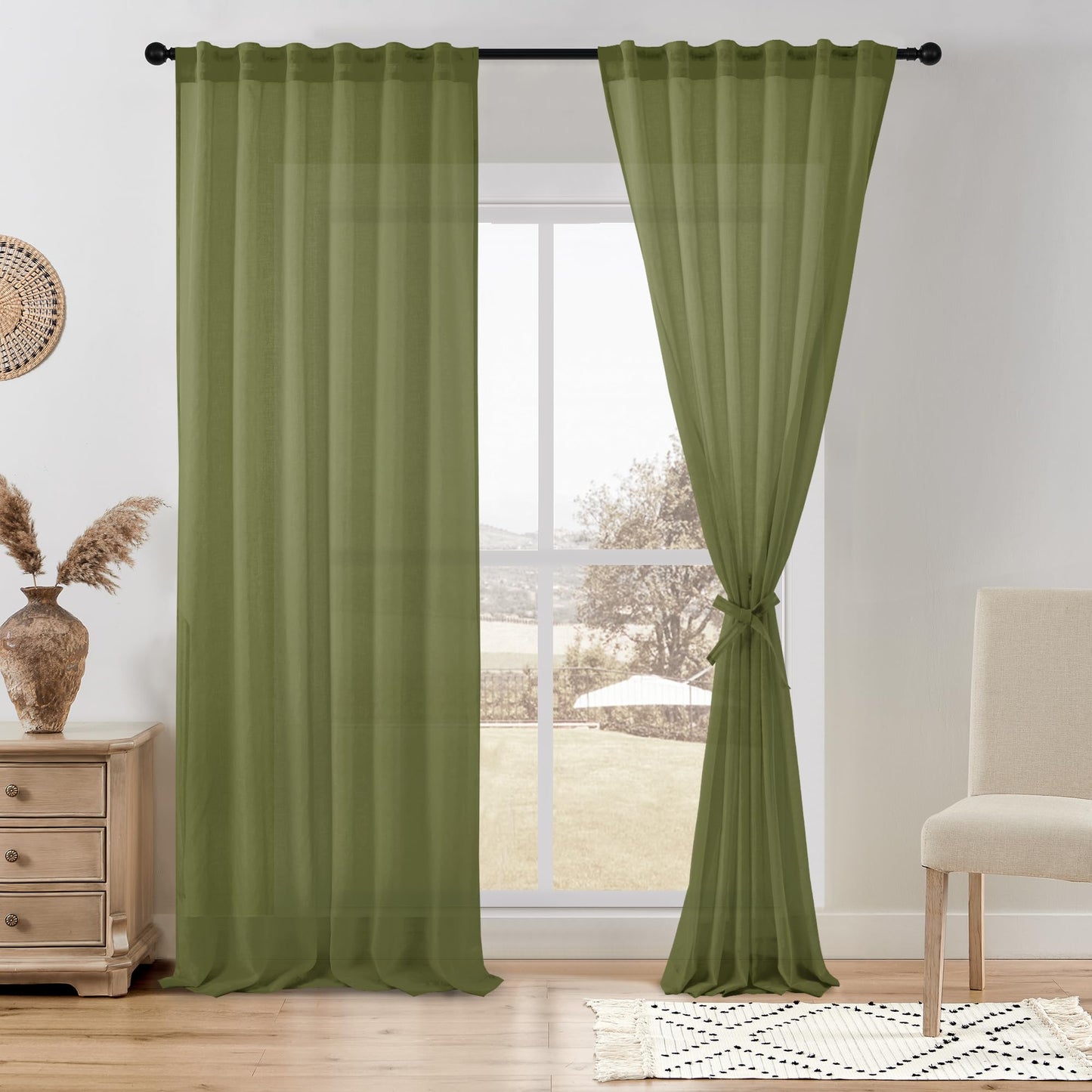 DWCN White Faux Linen Sheer Curtains, 2 Panels, 52x84 Inch | Faux Linen Textured Curtains with Rod Pocket & Back Tab, Semi Voile Light Airy Gauzy Privacy Drapes for Living Room Bedroom