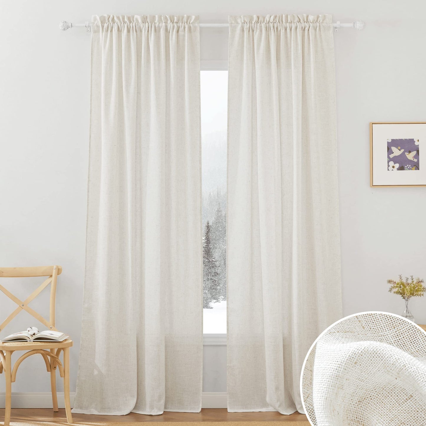 RYB HOME White Semi Sheer Curtains 84 inches Long for Living Room | Half Privacy, Linen Textured, Sheer Light Filtering, Vertical Window Drapes, for Bedroom Dining, White, W52 x L84, 2 Panels