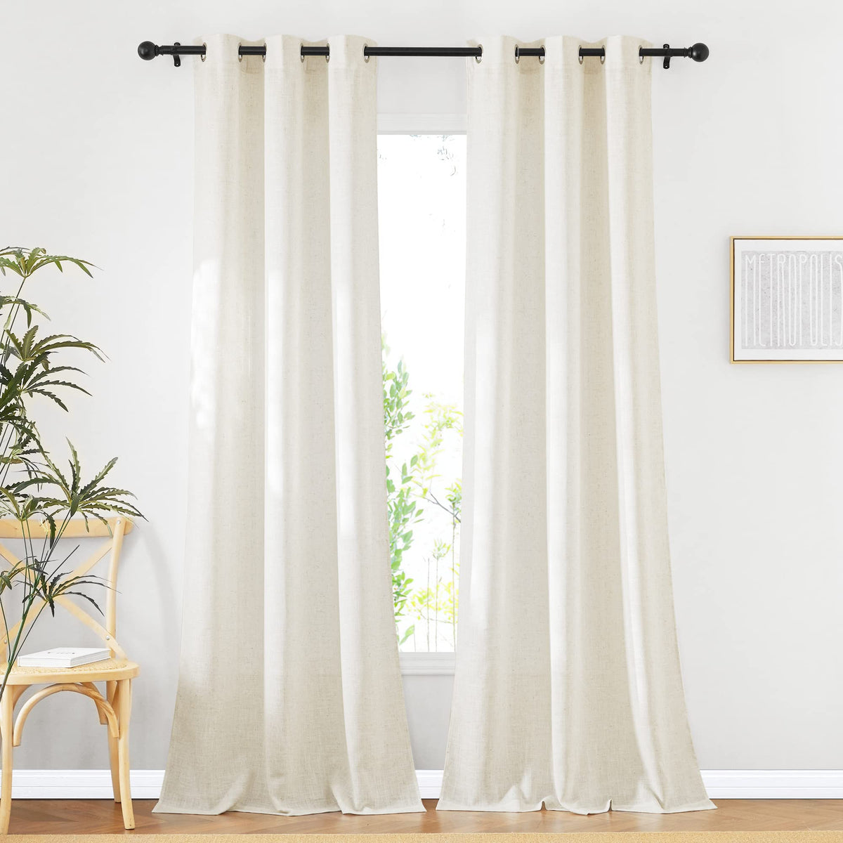 NICETOWN White Sheer Linen Curtains for Living Room 84 inch Length 2 Panels Set, Grommet Semi Sheer Privacy with Light Filtering Flax Window Treatments for Bedroom, W52 x L84