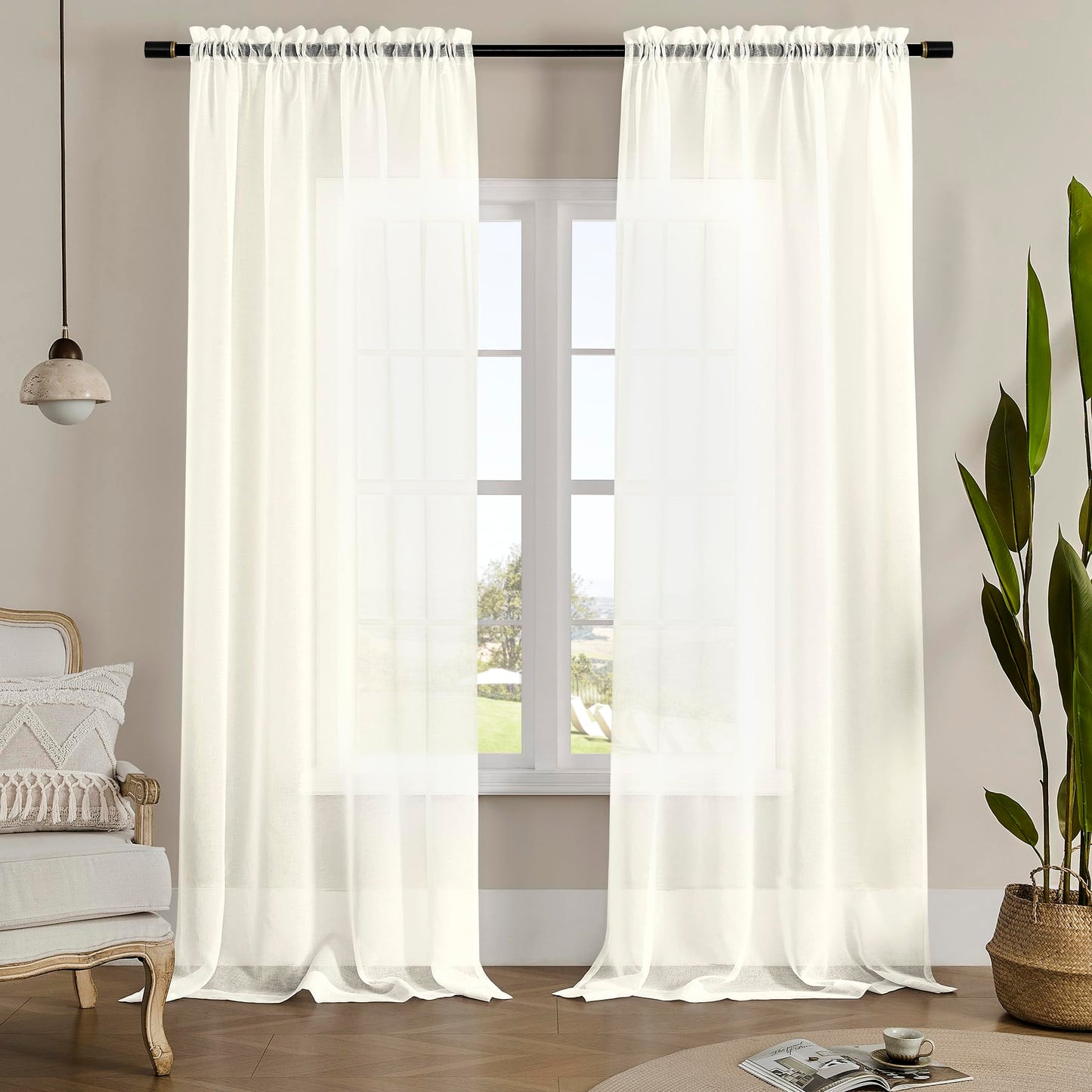 MYSTIC-HOME Sheer Curtains White 63 Inch Length, Rod Pocket Voile Drapes for Living Room, Bedroom, Window Treatments Semi Crinkle Curtain Panels for Yard, Patio, Villa, Parlor, Set of 2, 52"x 63"