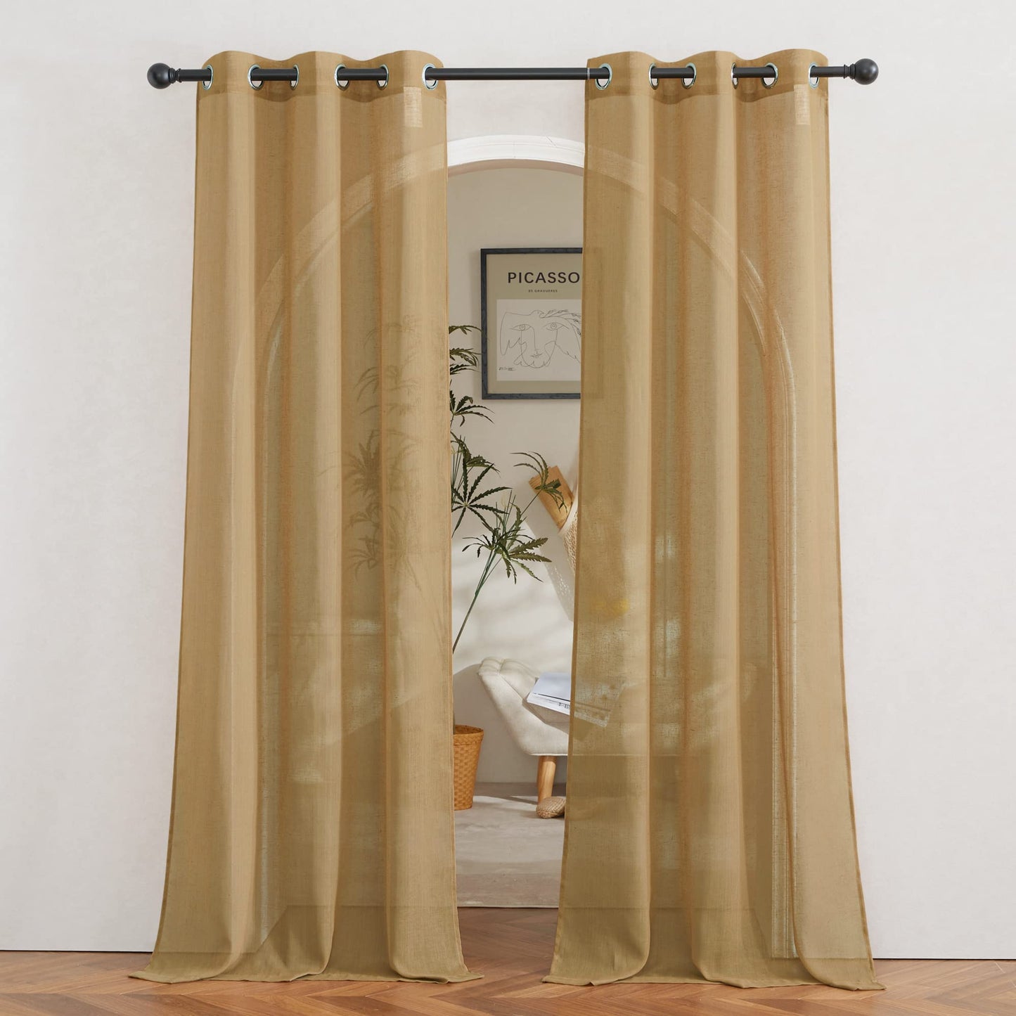 NICETOWN White Sheer Linen Curtains for Living Room 84 inch Length 2 Panels Set, Grommet Semi Sheer Privacy with Light Filtering Flax Window Treatments for Bedroom, W52 x L84