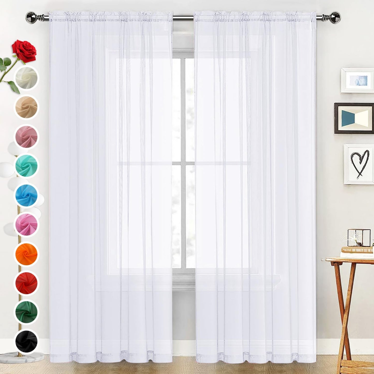 SpaceDresser Basic Rod Pocket Sheer Voile Window Curtain Panels White 1 Pair 2 Panels 52 Width 84 Inch Long for Kitchen Bedroom Children Living Room Yard(White,52 W x 84 L)