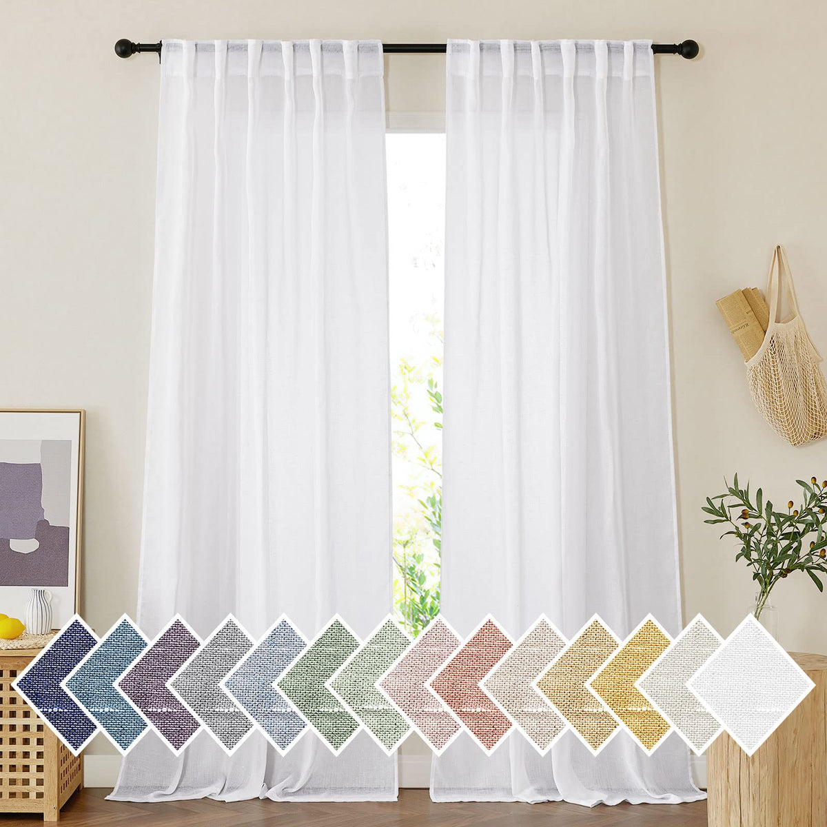 NICETOWN Semi Sheer White Curtains 84 inch Long, Rod Pocket & Back Tab Sheer Linen Curtains & Drapes Balance Privacy & Light Panels for Bedroom/Living Room, W52 x L84, 2 Panels