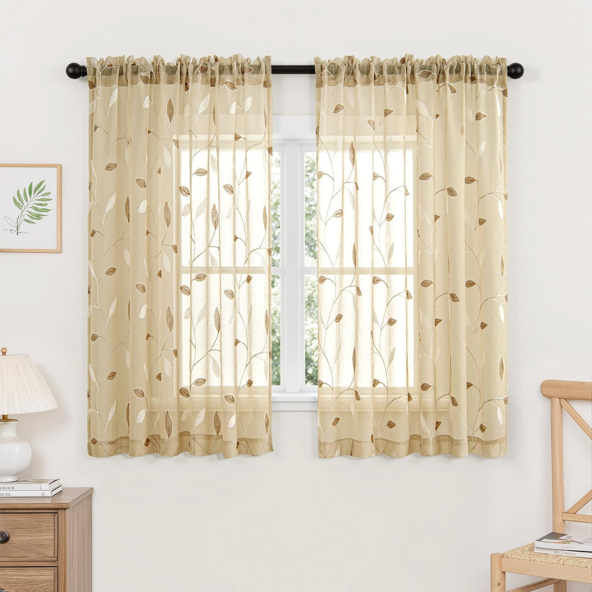 MIULEE Sage Green Sheer Curtains 2 Panels Leaf Patterned, W52 x L84 | Embroidered Floral Semi Sheer,Rod Pocket,Faux Linen,Short Window Curtains Drapes Set for Kitchen/Bathroom/Cafe