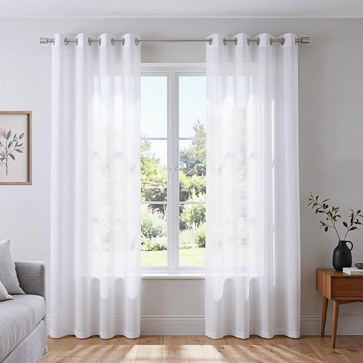White Sheer Curtains 84 Inches Long Set 2 Panels Grommet Pair Faux Linen Semi Transparent Drape Tulle Gauze Voile Window Sheer Curtains for Bedroom Living Room Dining Wide 52 Length Solid Pack