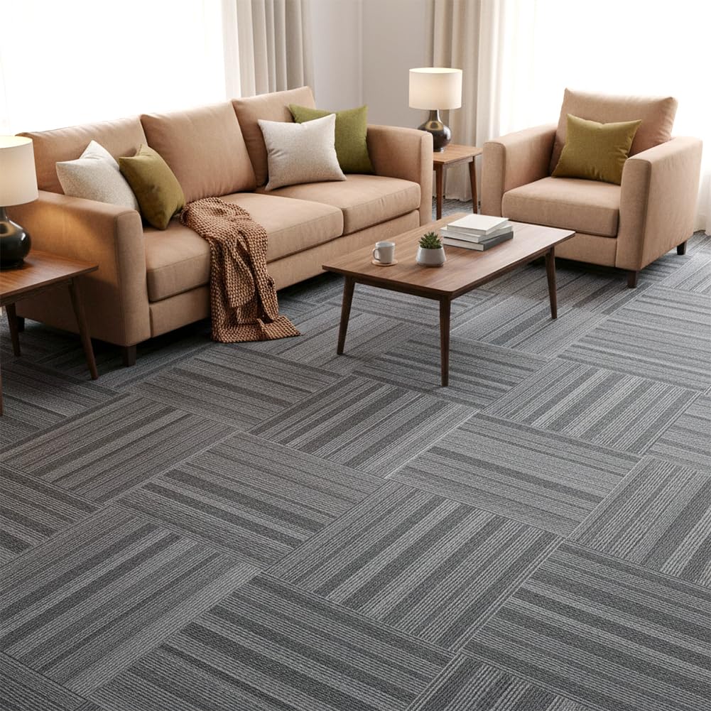 Carpet Tiles 24" x 24", 18 Tiles 72 Sqft, Non Slip Floor Carpet Squares w/Flexlok Tabs, DIY Installation, Commercial Removable Soft Rug for Bedroom Office Living Room and Basement, Beige