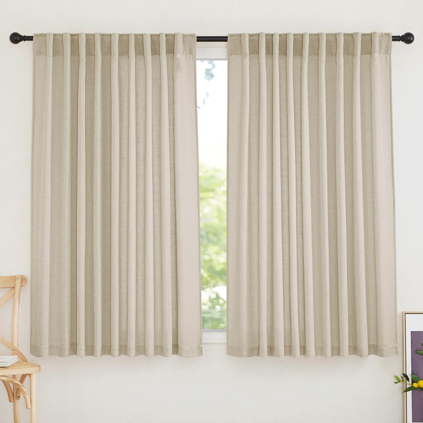 RYB HOME White Sheer Curtains for Living Room Patio Glass Door, W52 x L95 | Linen Texture, Light Filtering Privacy, Airy Translucent, Back Tab, Bedroom Office Balcony, W52 x L95, 2 Panels