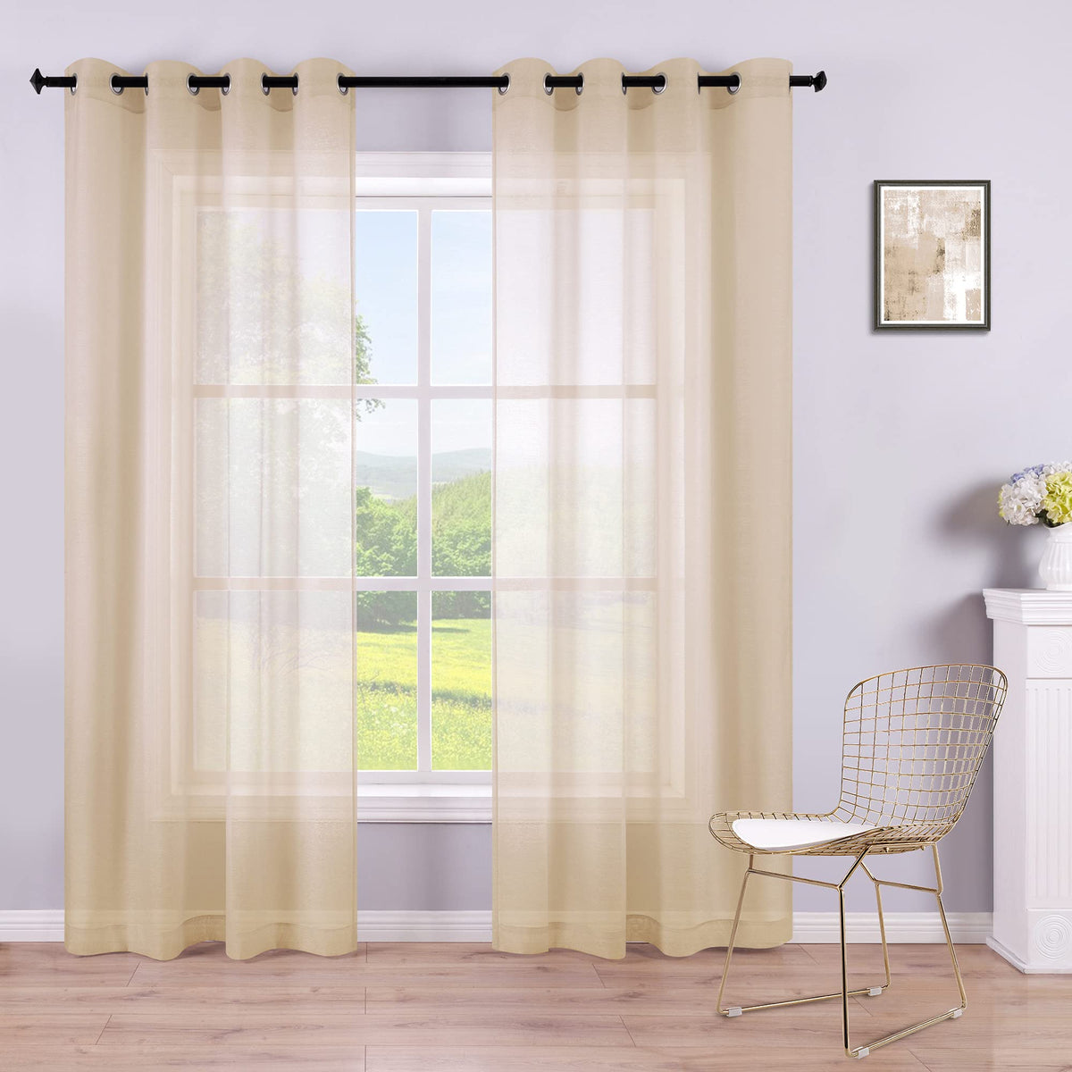 White Sheer Curtains 84 Inches Long Set 2 Panels Grommet Pair Faux Linen Semi Transparent Drape Tulle Gauze Voile Window Sheer Curtains for Bedroom Living Room Dining Wide 52 Length Solid Pack