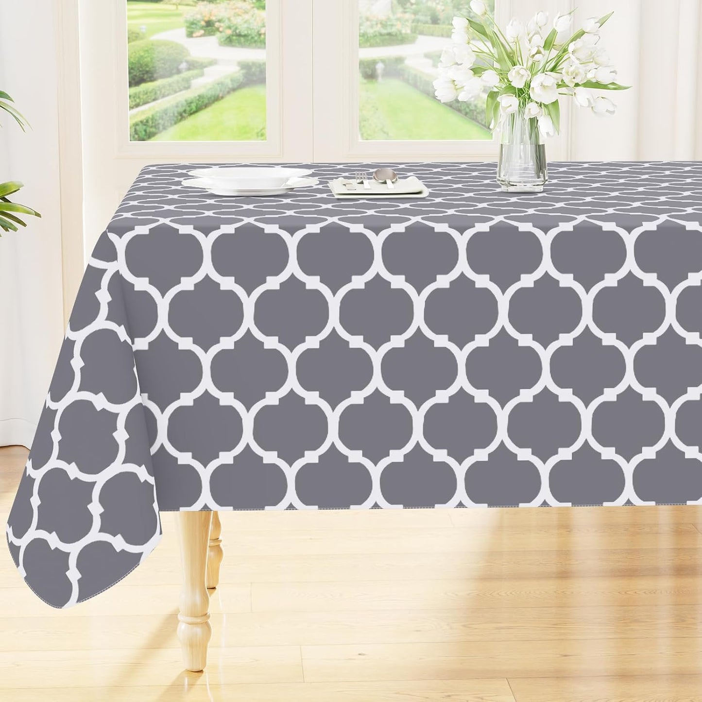Smiry Rectangle Table Cloth, Flannel Backed Vinyl Tablecloth, 60"x84" | Waterproof Plastic Tablecloths, Wipeable Table Cover for Dining, Indoor and Outdoor (Grey)