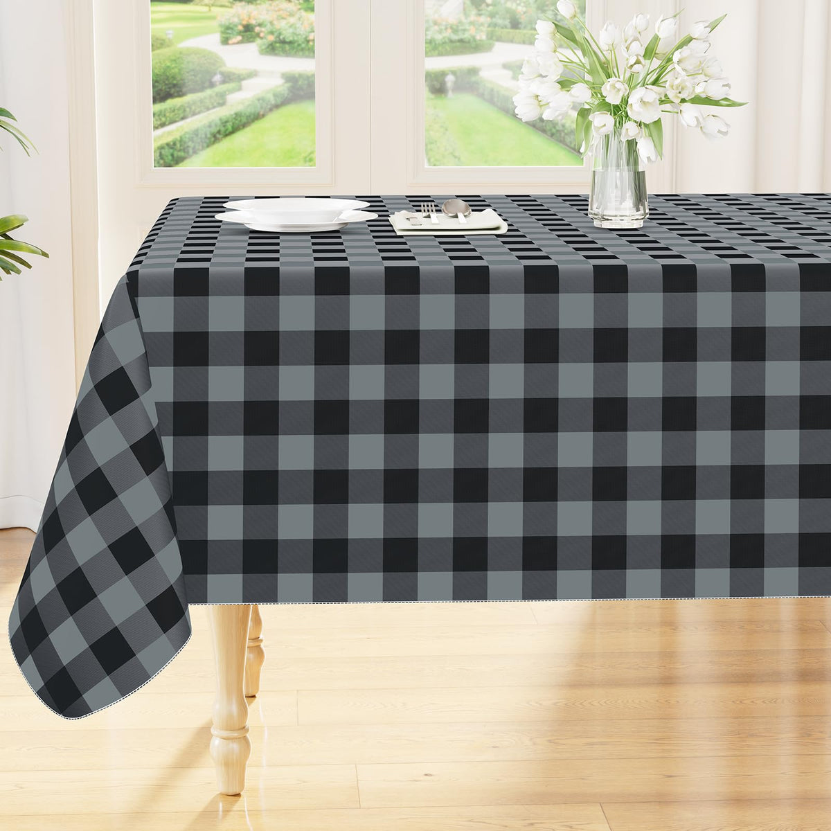 Smiry Picnic Table Cloth, Vinyl Tablecloths with Flannel Backing, 60"x84" | Waterproof Rectangle Table Cloth, Wipeable Buffalo Plaid Table Cover for Indoor and Outdoor (Khaki & White)