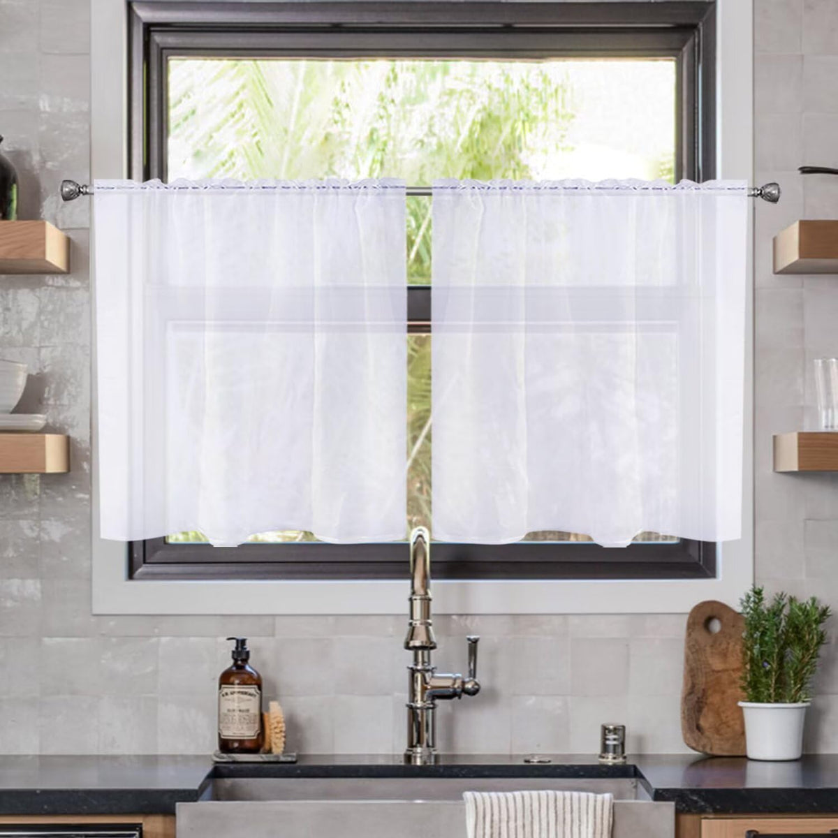 youleyar Solid Sheer Rod Pocket Curtain Voile Draperies 2 Panels White Beige Black Grey Coffee 52 Inch Width 84 Inch Long 1 Pair for Kitchen Bedroom Children Living Room Yard (Ivory,52W ｘ 84L)