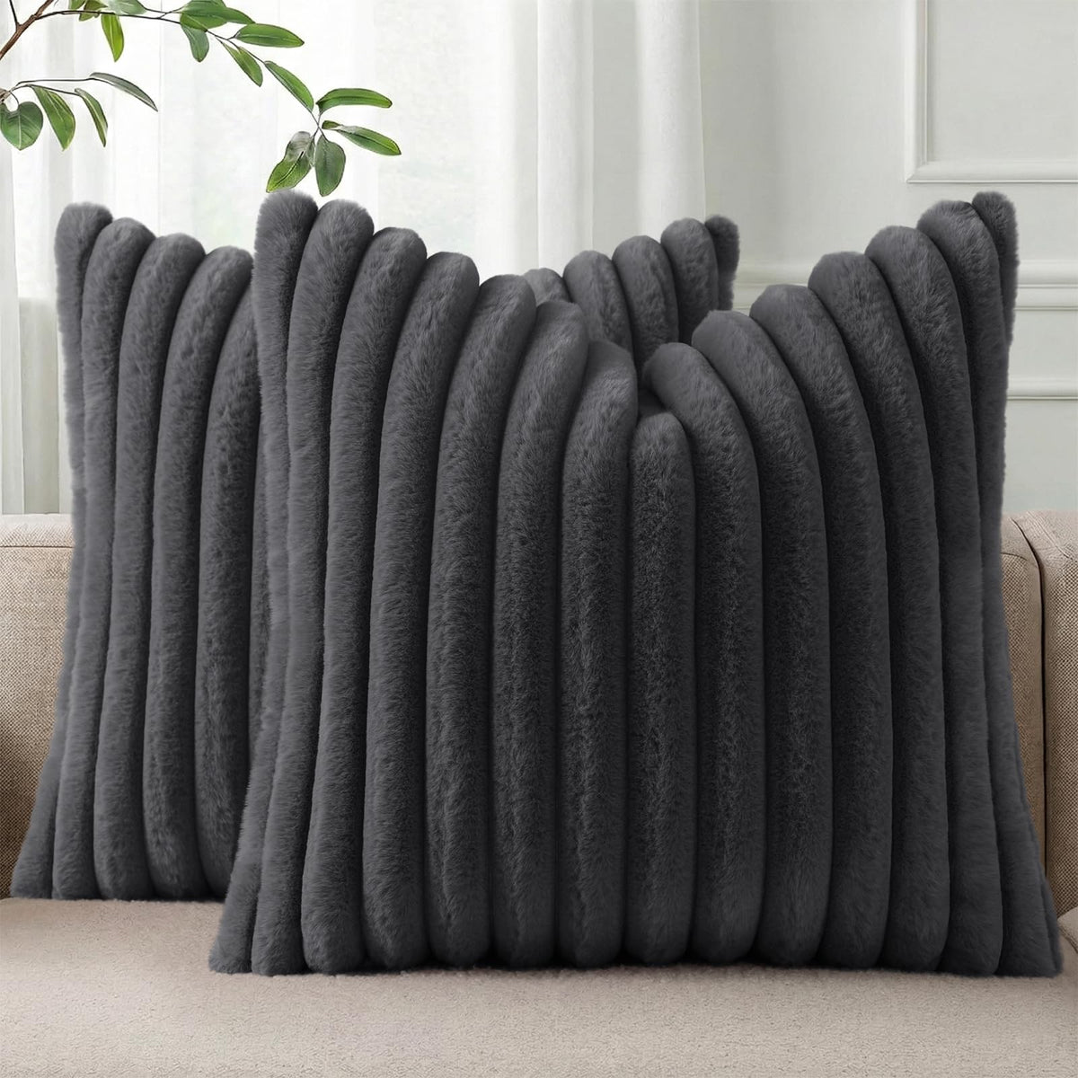 Pallene Faux Fur Decorative Throw Pillow Covers 18x18 Set of 2, Cream White | Luxury Plush Texture, Striped Design, Cozy Soft Touch, Modern Home Accent Decor for Couch, Sofa, Bed, Living Room