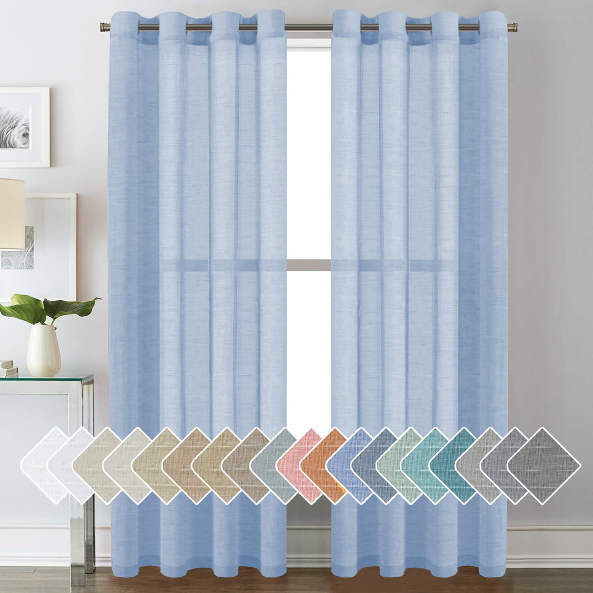 H.VERSAILTEX Natural Linen Sheer Curtains Flax Linen Blended Curtain Panels Living Room, Nickel Grommet Semitransparent Semi-Sheer Soft Privacy Drapes, Natural, 84 inches Long 2 Panels