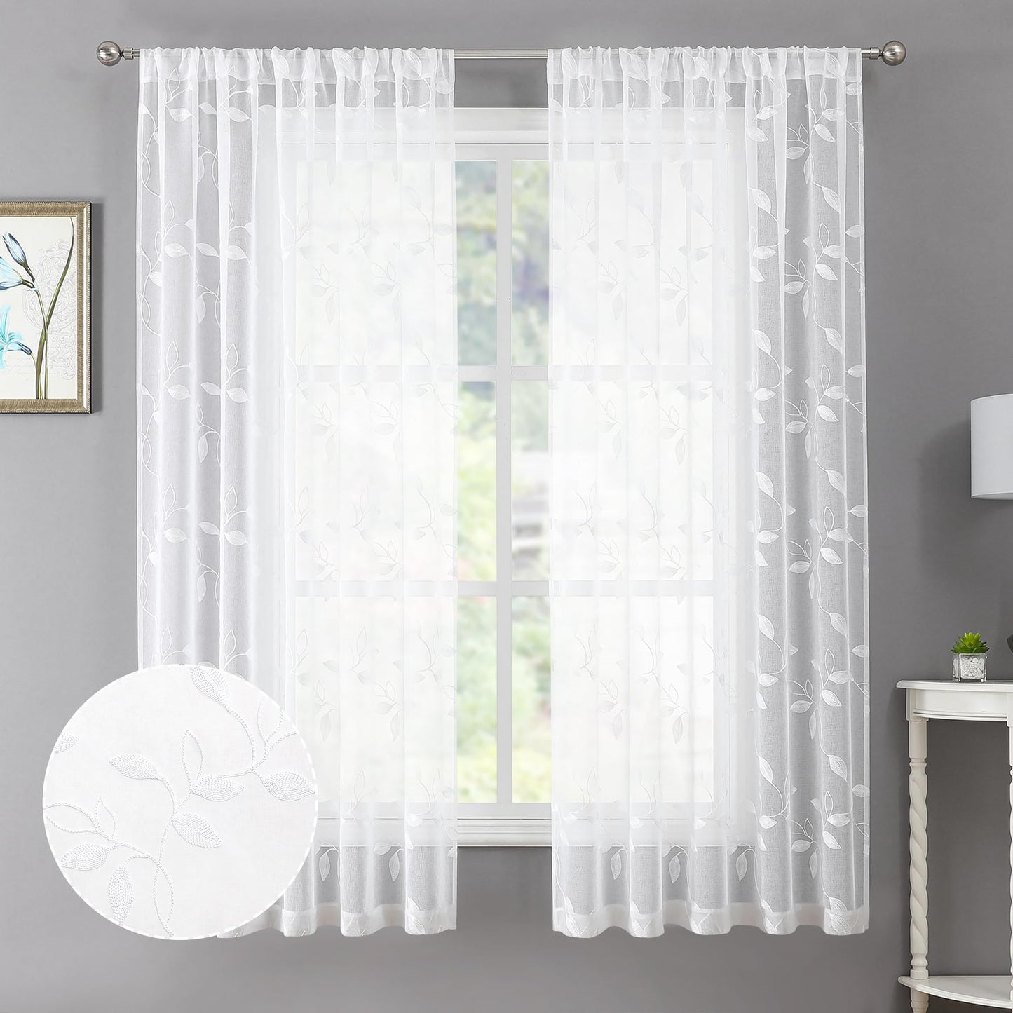Tollpiz White Leaf Sheer Curtains Bedroom 54 x 84 Inches | Leaves Embroidered Curtain Rod Pocket Voile Window Treatment for Living Room, Set of 2 Panels