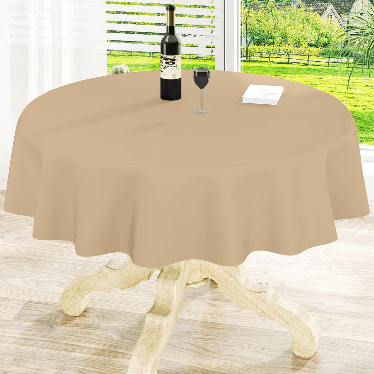 Round Navy Blue Vinyl Waterproof Tablecloth with Flannel Backed | Spillproof Wipe Clean Table Cloth, Plastic Flannel Backing for Dining, Buffet Parties Picnic Camping, 60"