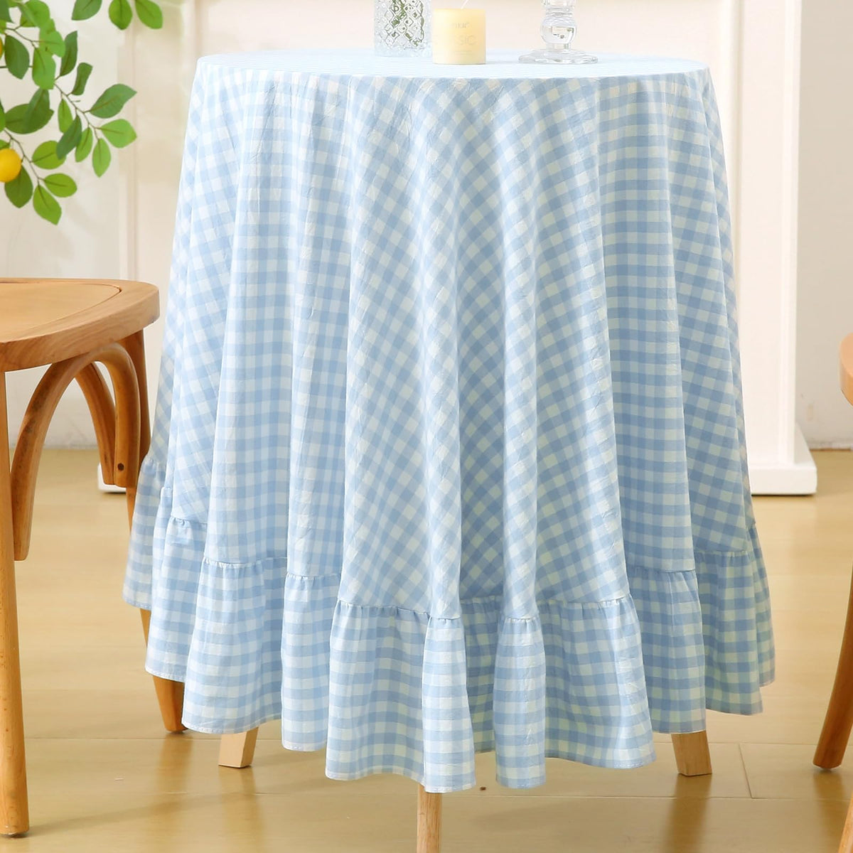 Blush White Gingham Ruffled Table Cloth Rectangular 120“x60” | 100% Washed Cotton, for Seat 8-10, Buffet Picnic Baby Shower Party Tablecloth, Decorative Checker Plaid Farmhouse Table Cover