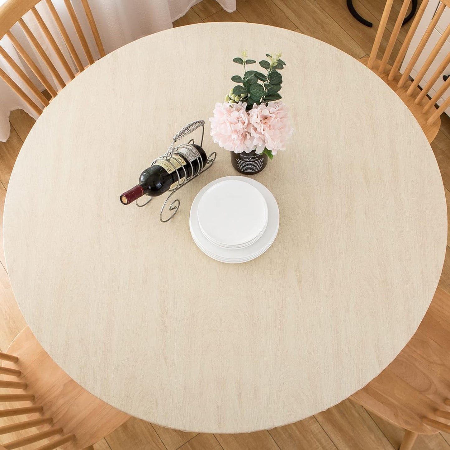 Pioggia Round Vinyl Fitted Tablecloth with Flannel Backing Elastic Table Cloth Waterproof Oil-Proof Plastic Table Cover Best for 45"-56" Round