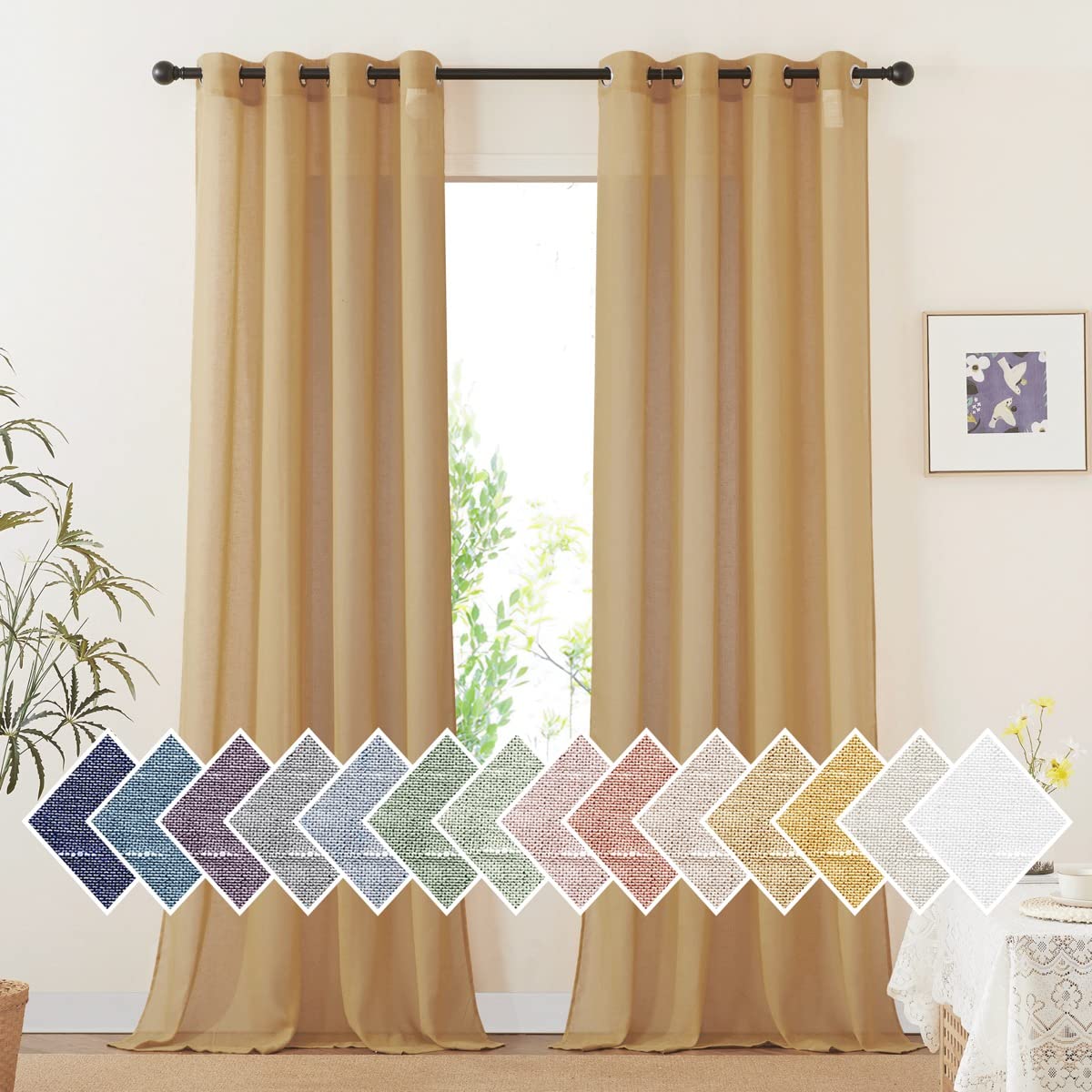 NICETOWN White Sheer Linen Curtains for Living Room 84 inch Length 2 Panels Set, Grommet Semi Sheer Privacy with Light Filtering Flax Window Treatments for Bedroom, W52 x L84