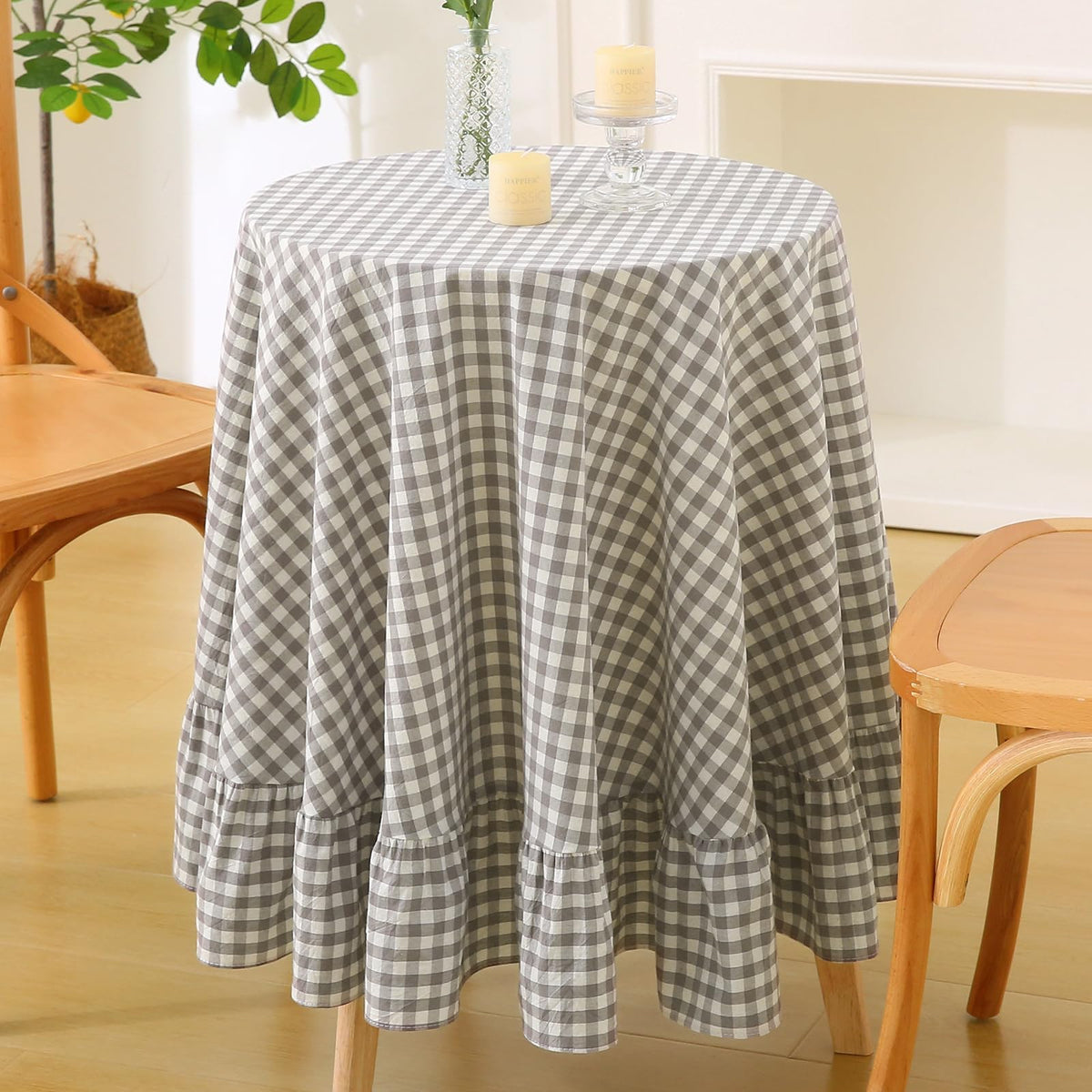 Blush White Gingham Ruffled Table Cloth Rectangular 120“x60” | 100% Washed Cotton, for Seat 8-10, Buffet Picnic Baby Shower Party Tablecloth, Decorative Checker Plaid Farmhouse Table Cover