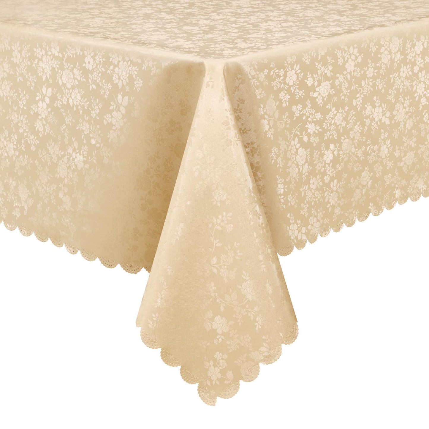 Smiry Rectangle Waterproof Heavy Duty Vinyl Tablecloths, 60 x 84 Inch | Wipeable Washable Floral Embossed Table Cover for Kitchen and Dining Room, Indoor & Outdoor Use, Beige