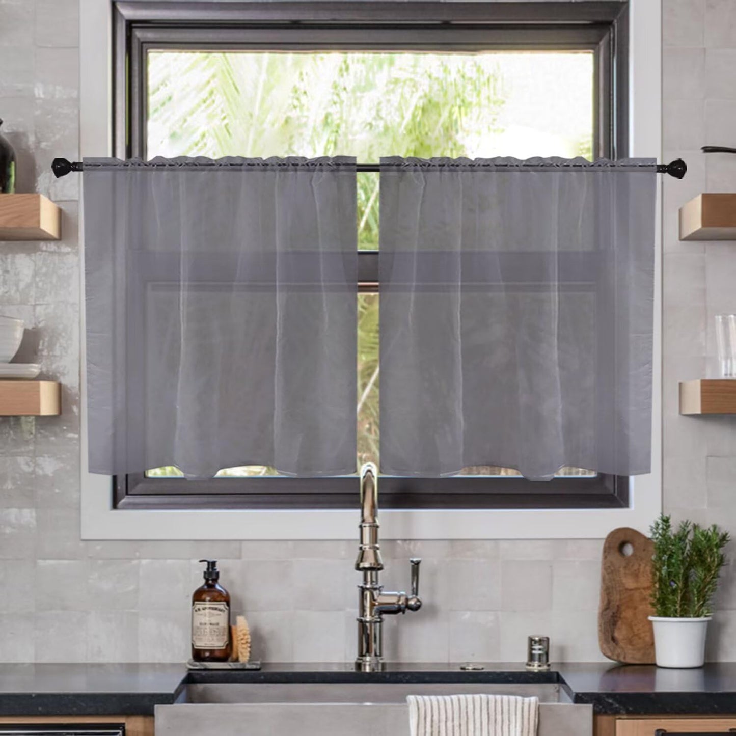 youleyar Solid Sheer Rod Pocket Curtain Voile Draperies 2 Panels White Beige Black Grey Coffee 52 Inch Width 84 Inch Long 1 Pair for Kitchen Bedroom Children Living Room Yard (Ivory,52W ｘ 84L)