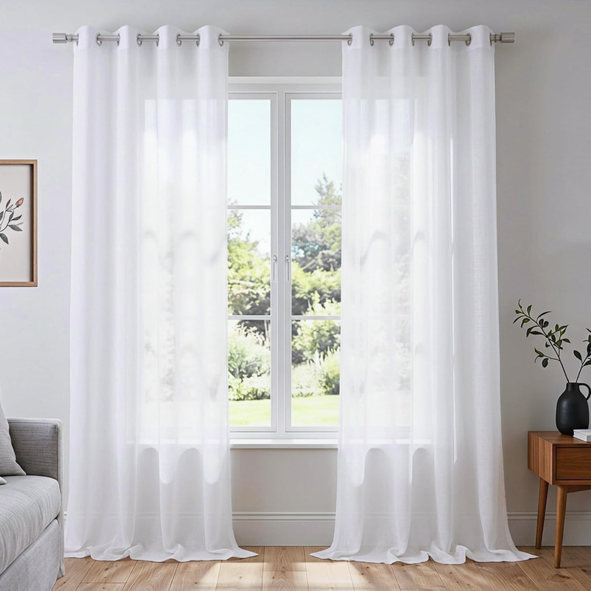 White Sheer Curtains 84 Inches Long Set 2 Panels Grommet Pair Faux Linen Semi Transparent Drape Tulle Gauze Voile Window Sheer Curtains for Bedroom Living Room Dining Wide 52 Length Solid Pack