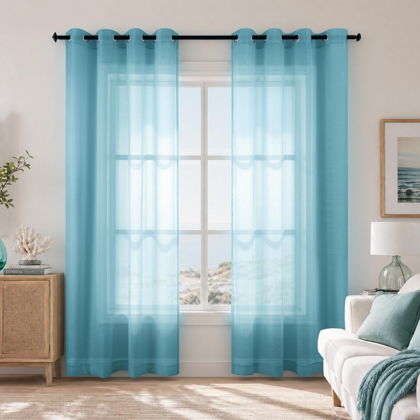 White Sheer Curtains 84 Inches Long Set 2 Panels Grommet Pair Faux Linen Semi Transparent Drape Tulle Gauze Voile Window Sheer Curtains for Bedroom Living Room Dining Wide 52 Length Solid Pack