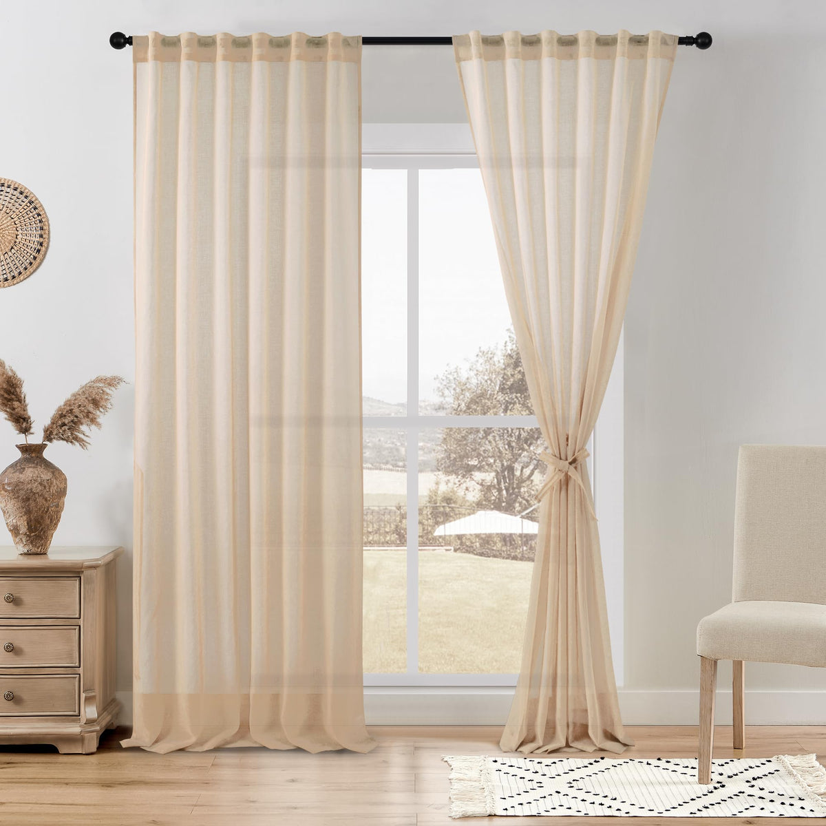 DWCN White Faux Linen Sheer Curtains, 2 Panels, 52x84 Inch | Faux Linen Textured Curtains with Rod Pocket & Back Tab, Semi Voile Light Airy Gauzy Privacy Drapes for Living Room Bedroom