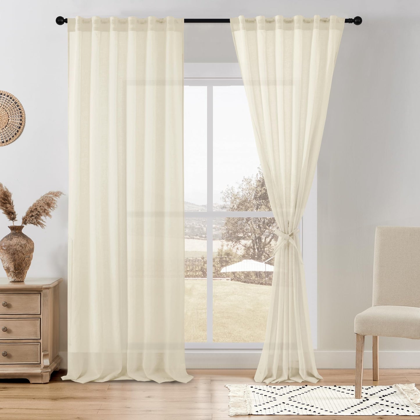 DWCN White Faux Linen Sheer Curtains, 2 Panels, 52x84 Inch | Faux Linen Textured Curtains with Rod Pocket & Back Tab, Semi Voile Light Airy Gauzy Privacy Drapes for Living Room Bedroom