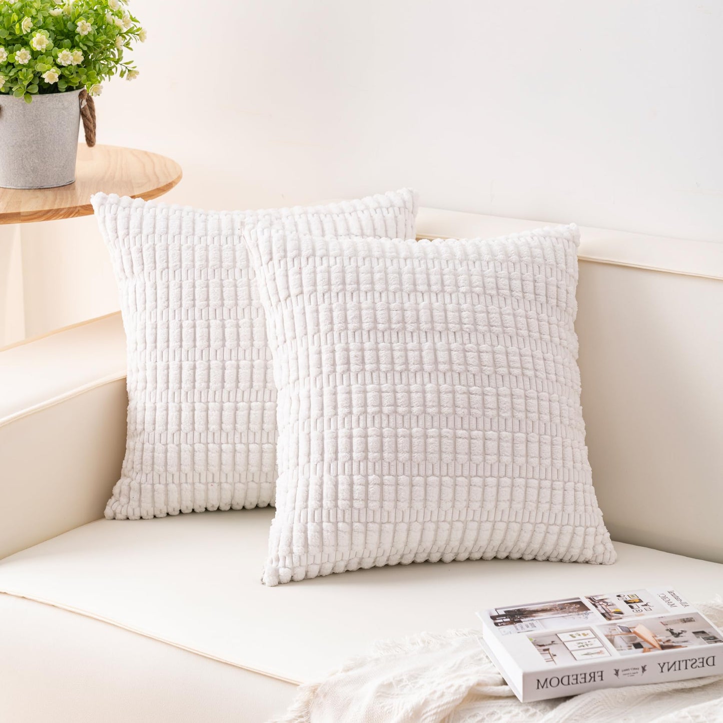 Pack of 2 Corduroy Decorative Throw Pillow Covers 18x18 Inch, Cream White | Fall Soft Striped Pillow Covers Modern Farmhouse Home Decor Christmas Throw Pillow Covers for Sofa Living Room Couch Bed ﻿